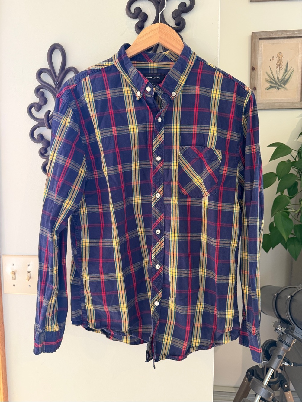 Adam Levine Collection Navy Plaid Button-Down Shirt with Yellow & Red Stripes
